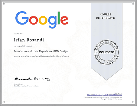 Coursera course certificate from Google, dated September 2021, certifying Irfan Rosandi completed Foundations of User Experience (UX) Design.