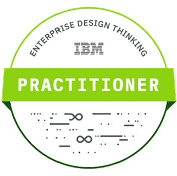 IBM Enterprise Design Thinking Practitioner badge: a green circular seal reading 'Enterprise Design Thinking' around the IBM logo, with 'Practitioner' across the centre.