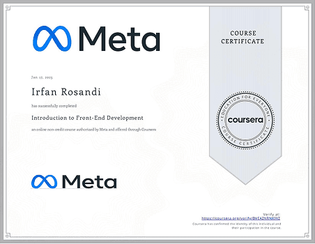 Coursera course certificate from Meta certifying Irfan Rosandi completed Introduction to Front-End Development.