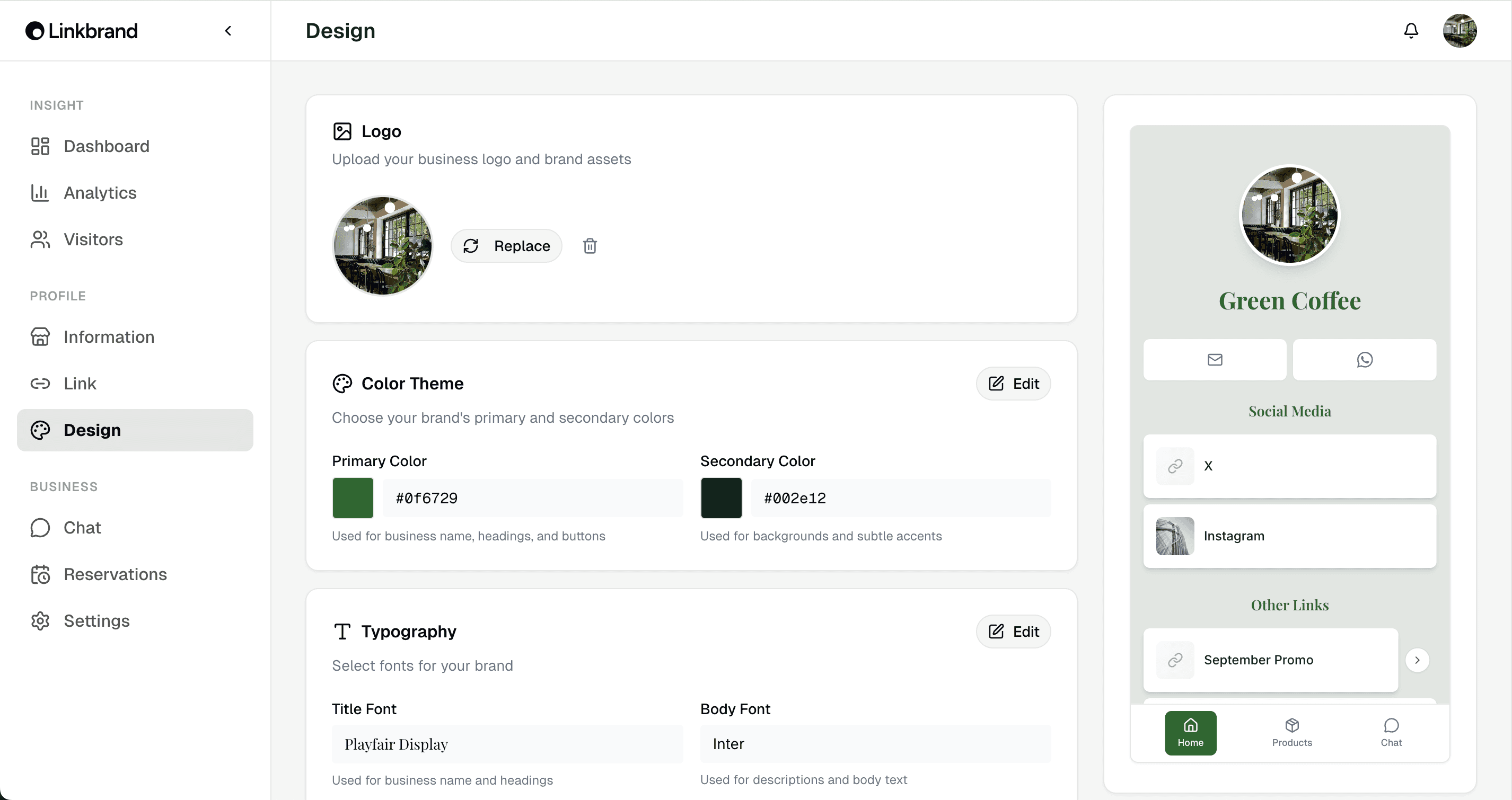 Linkbrand design editor: a business sets its logo, brand colors, and fonts on the left while a live link-in-bio profile preview for 'Green Coffee' updates on the right.