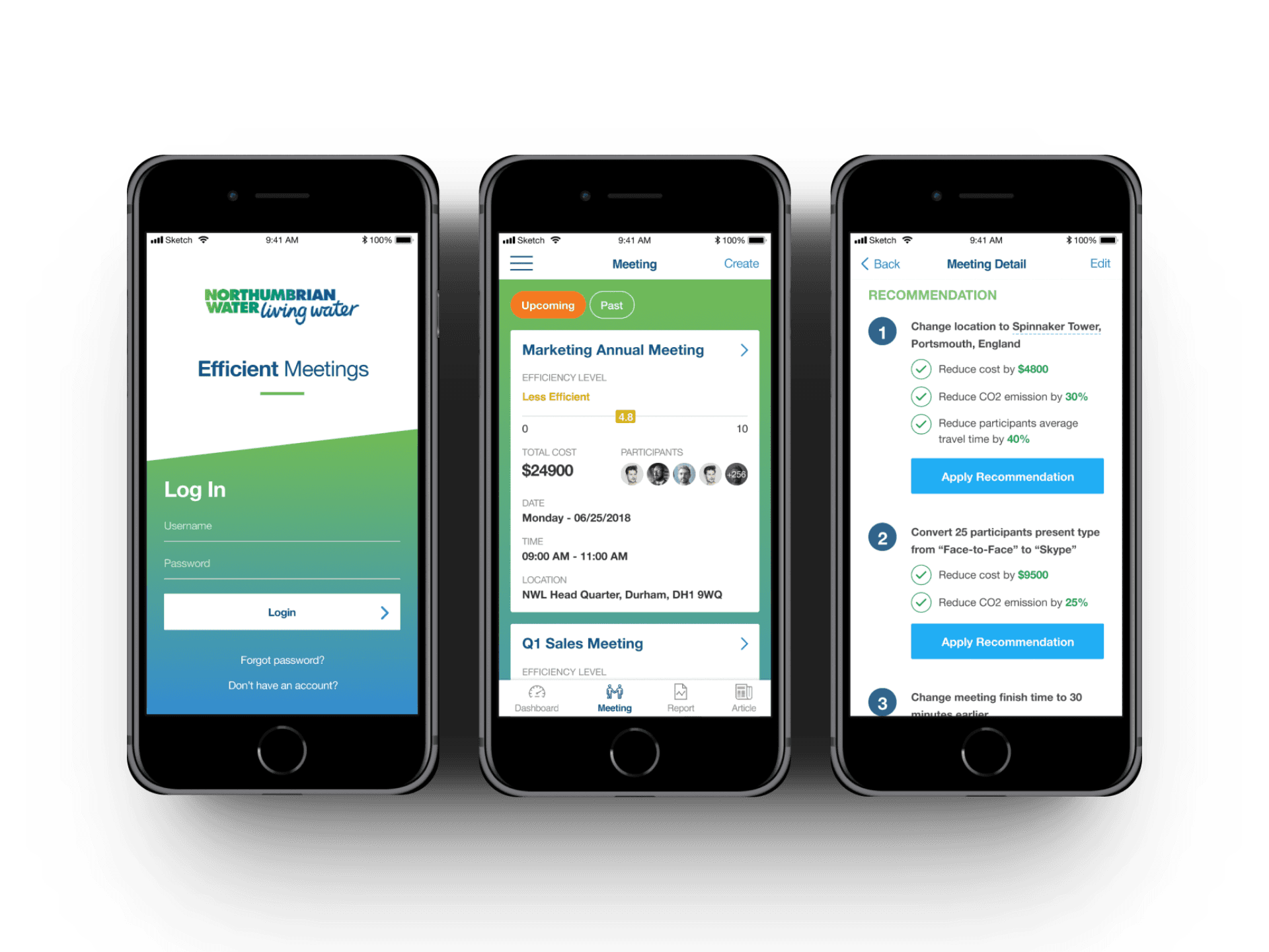 The Efficient Meetings mobile app concept for Northumbrian Water across three iPhone screens: a branded login, a meeting list scored by efficiency and cost, and a recommendations view suggesting changes that cut cost and CO2.