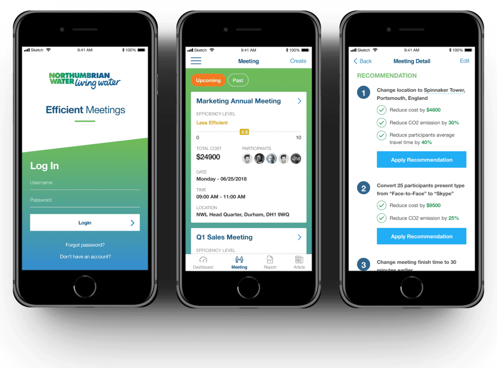 The Efficient Meetings mobile app concept for Northumbrian Water across three iPhone screens: a branded login, a meeting list scored by efficiency and cost, and a recommendations view suggesting changes that cut cost and CO2.