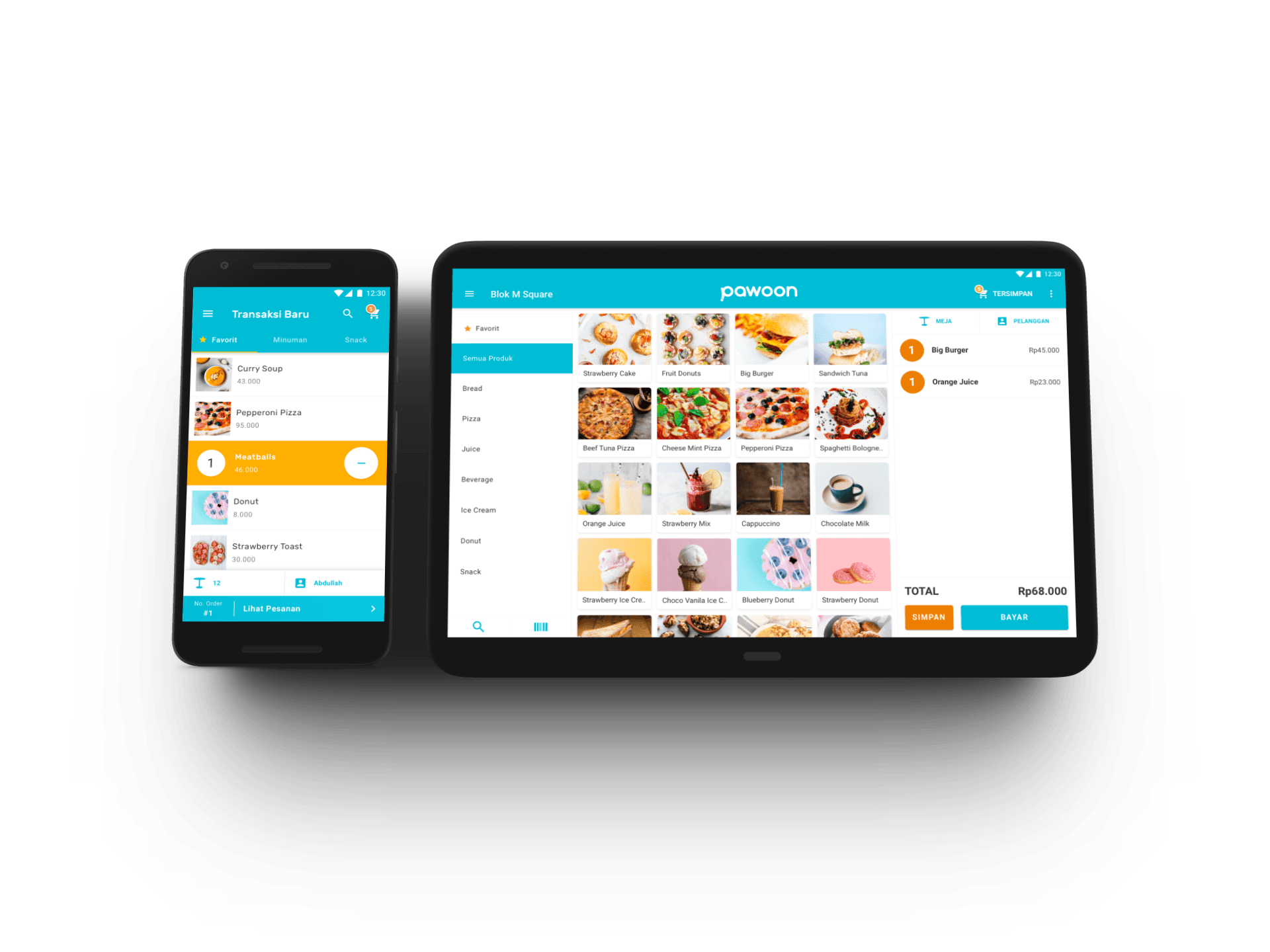 Pawoon 2.0 point-of-sale running side by side on a phone and a tablet, showing the redesigned order screen with a food-menu grid and a running bill.