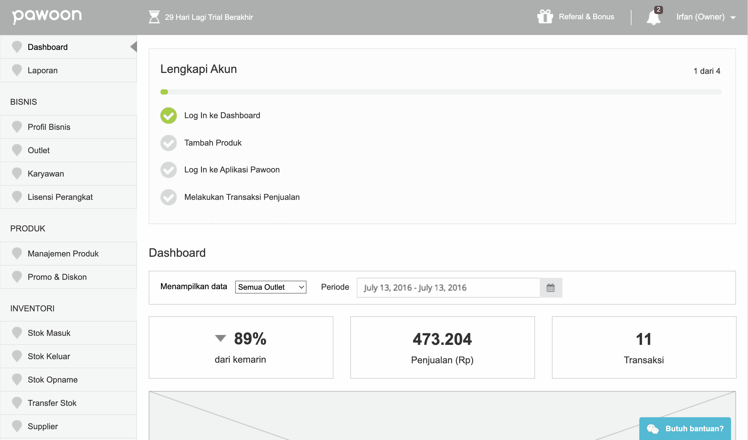 Interactive wireframe of the Pawoon merchant dashboard, with a 'complete your account' onboarding checklist and daily sales, revenue, and transaction summaries.