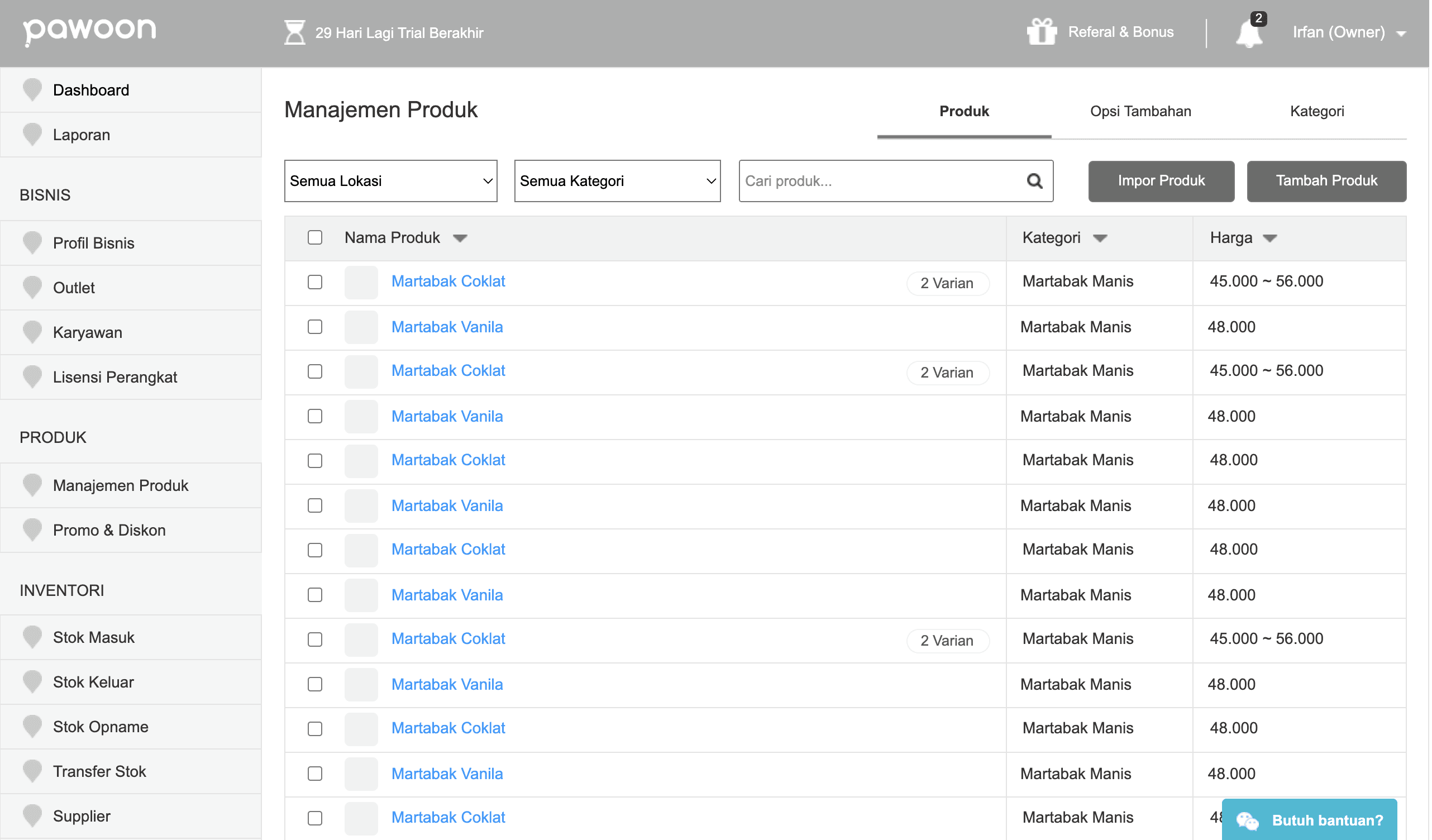 Wireframe of the Pawoon product-management list, showing products grouped by category with variants and prices alongside search and filter controls.