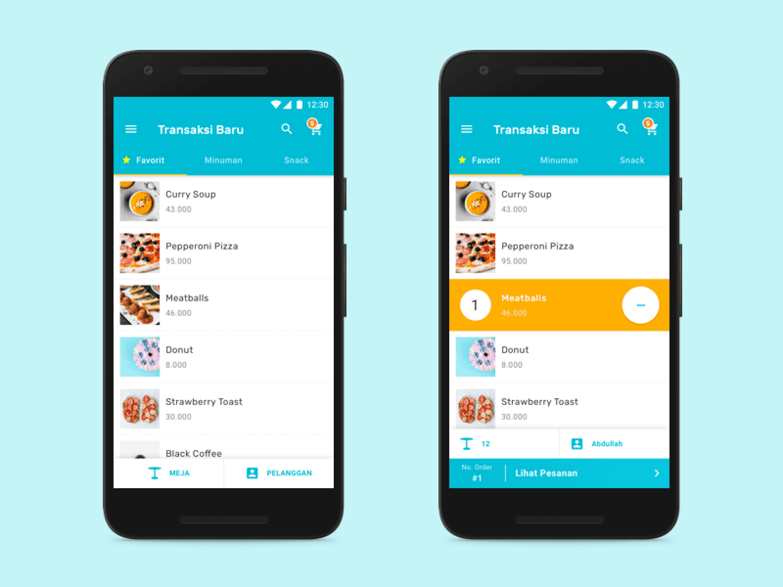 The redesigned Pawoon mobile POS on two phones: a cleaner favorites list, with a highlighted selected item and the running order summarized at the bottom.