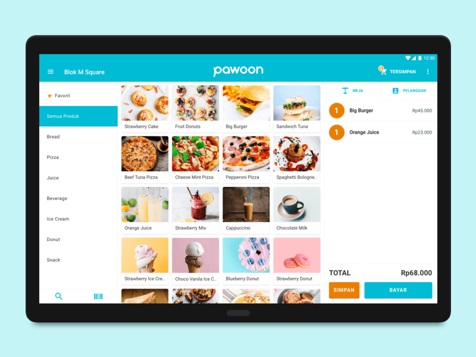 The redesigned Pawoon tablet POS: a photo-led product grid with category filters on the left and the live order total on the right.