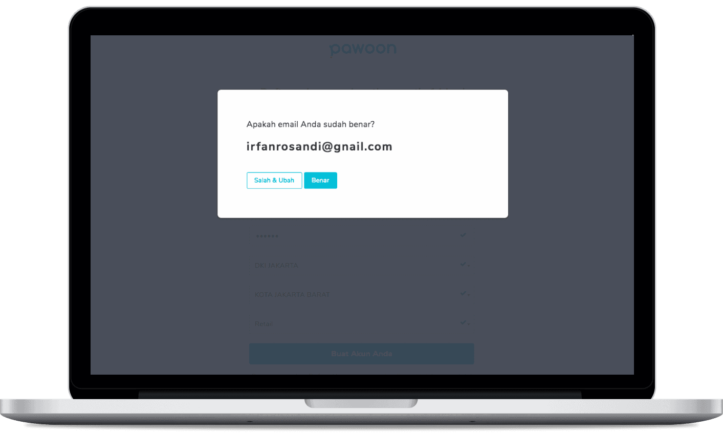 The registration email-confirmation step that asks the user to double-check the address they typed before creating the account, catching typos early.
